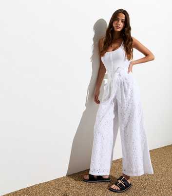 White Embroidered Paperbag Cotton Trousers