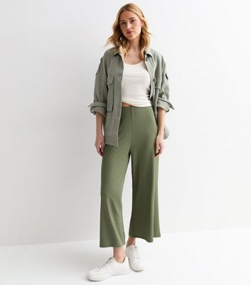 Khaki Ribbed Jersey Crop Wide Leg Trousers New Look