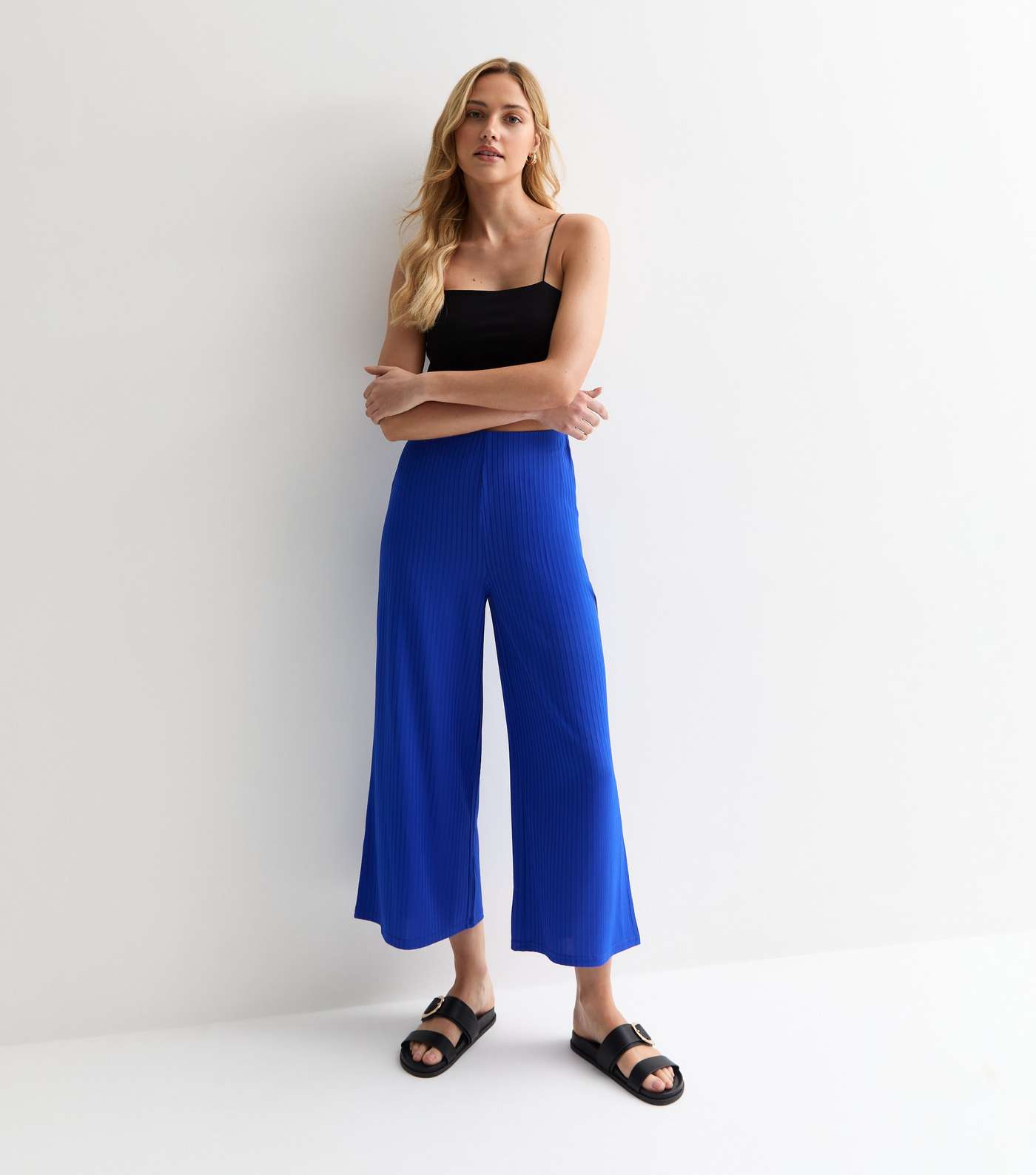 Bright Blue Ribbed Jersey Crop Wide Leg Trousers Image 3