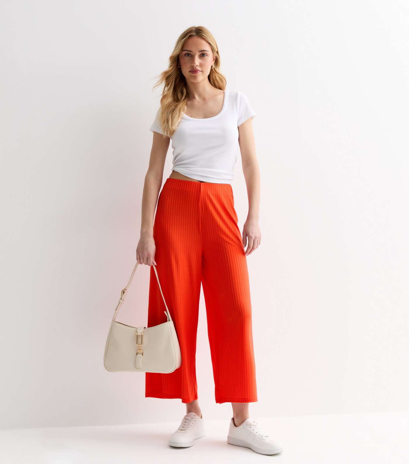Red Ribbed Jersey Crop Wide Leg Trousers Image 3