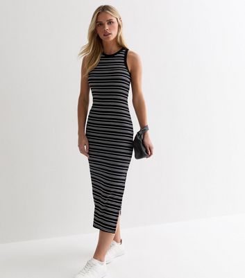 Petite Black Stripe Ribbed Racer Midi Dress