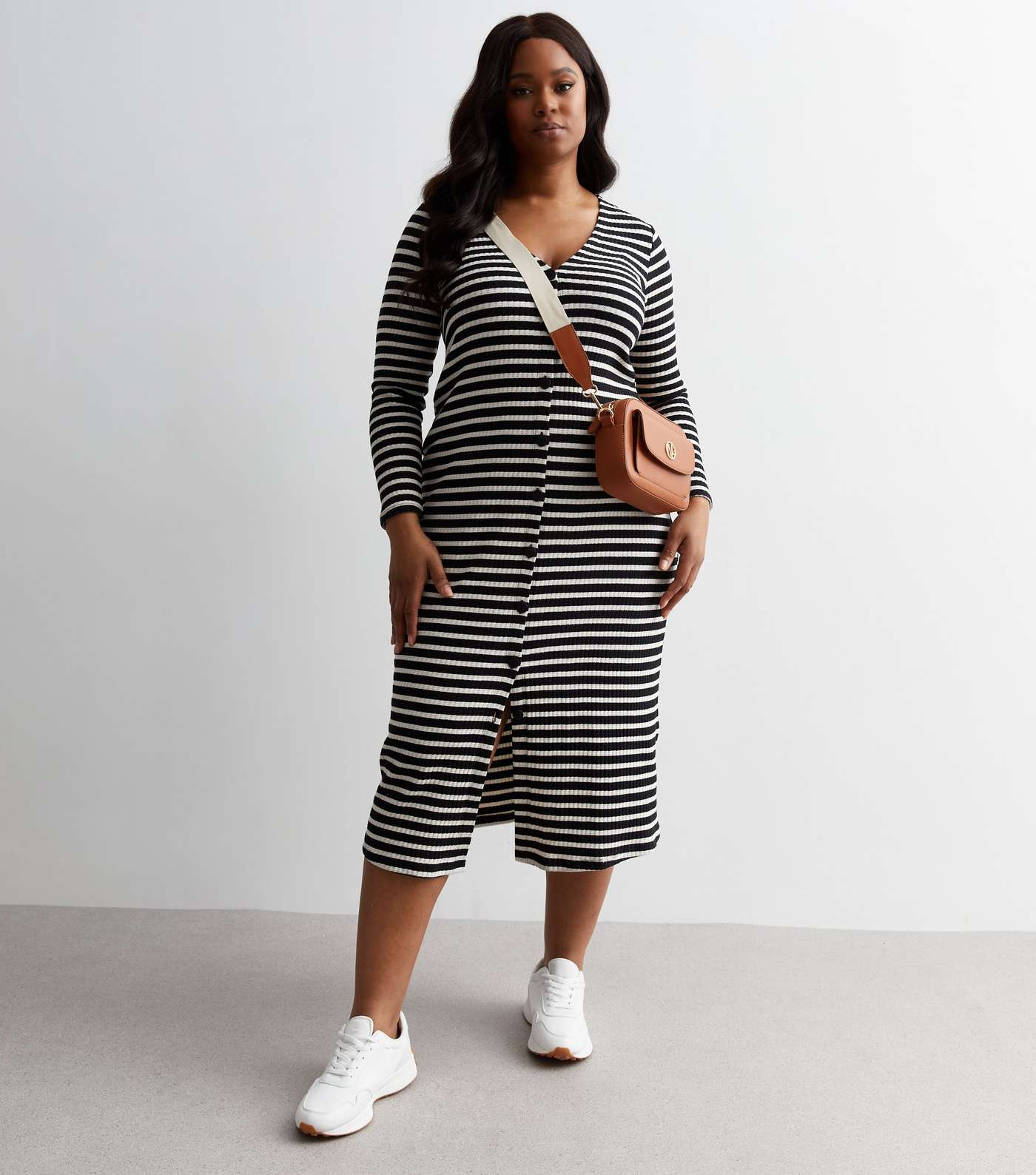 Curves Striped Long Sleeve Ribbed Midi Dress Image 3