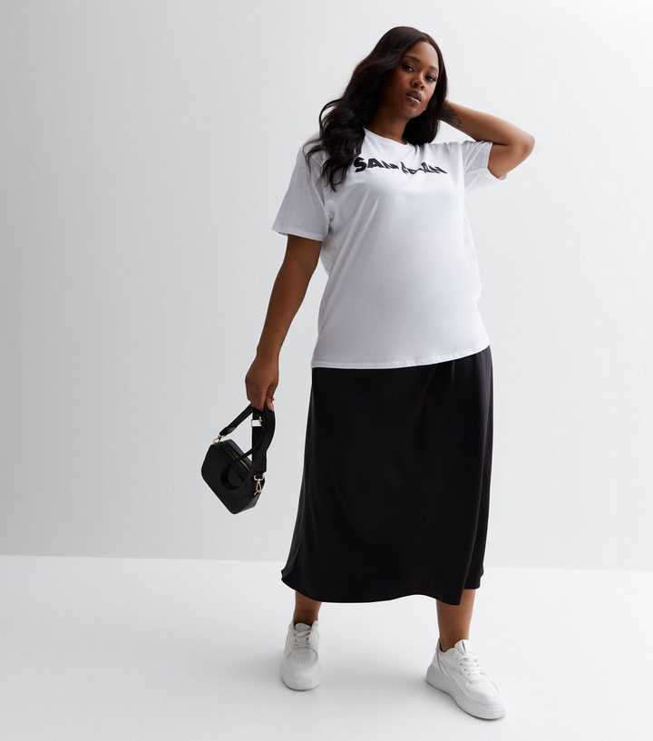 Curves Black Satin Bias Cut Midi Skirt