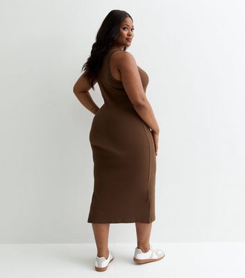 Curves Brown Ribbed Racer Bodycon Midi Dress New Look