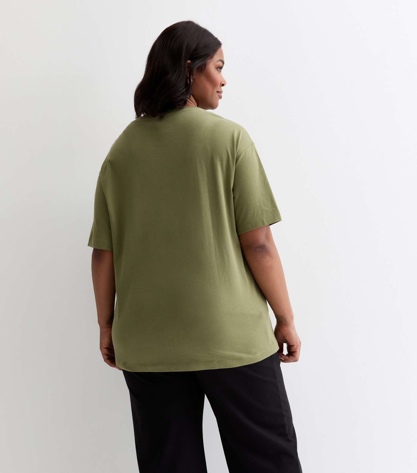 Curves Khaki Cotton Split Hem T-Shirt Image 4