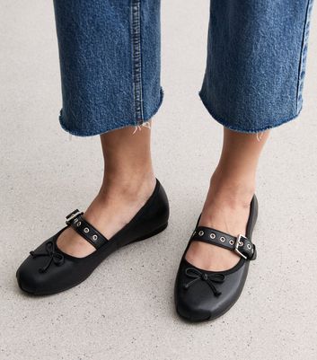 Black Leather Look Strappy Mary Jane Ballerina Pumps New Look