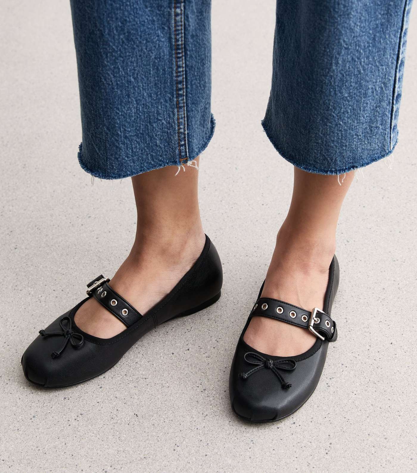 Black Leather-Look Strappy Ballerina Pumps