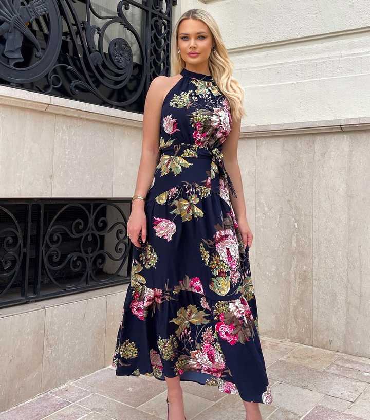 AX Paris Navy Floral Halter Midi Dress | New Look