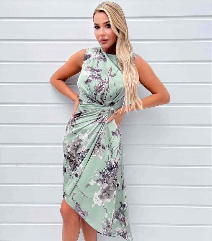 AX Paris Mint Green Floral Ruched Midi Dress