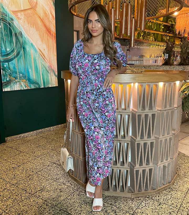 knee length dresses for ladies Purple Ruffle Tiered Floral Chiffon Midi Dress