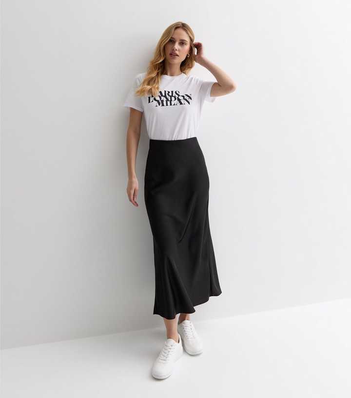 Black Satin Bias Cut Midi Skirt