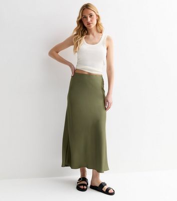 Olive Satin Bias Cut Midi Skirt New Look
