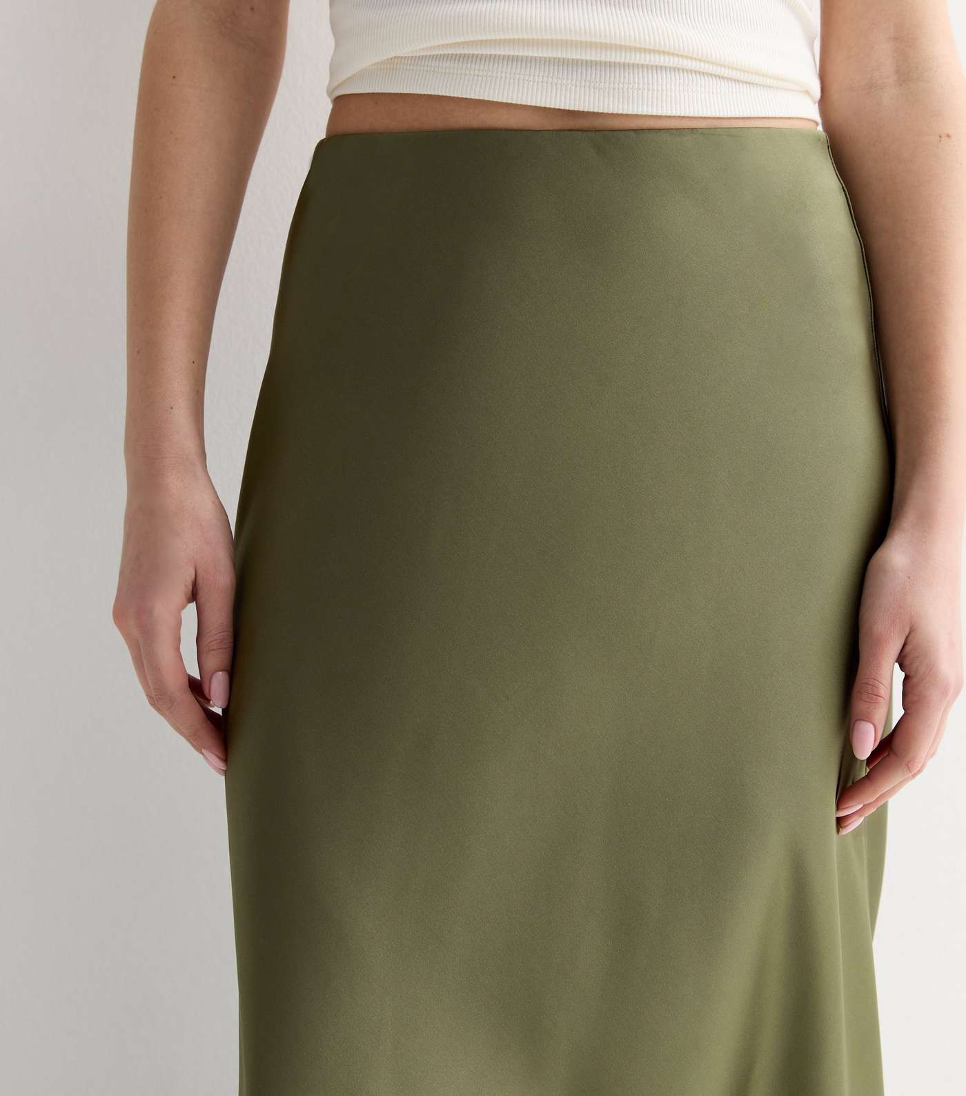 Olive Satin Bias Cut Midi Skirt Image 2