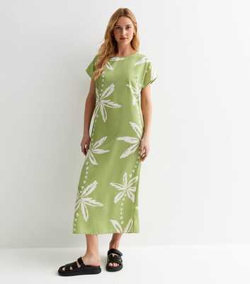 Green Palm Print Crew Neck Midi Dress