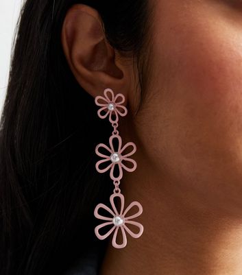 Pink Triple Cut Out Flower Drop Earrings New Look