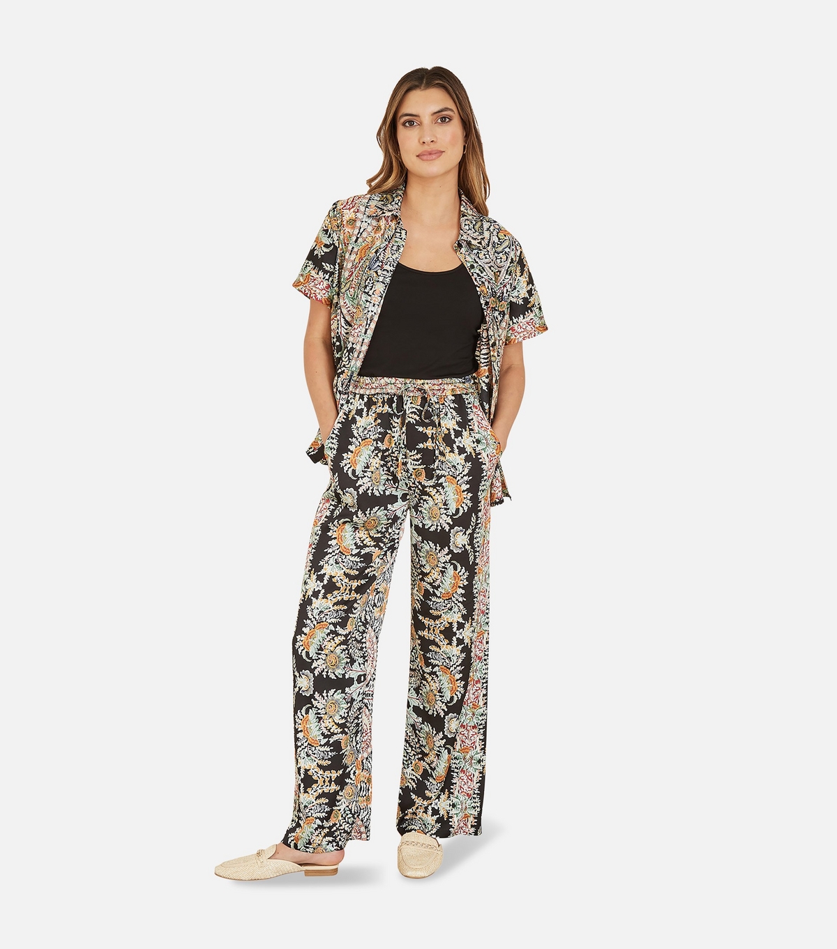 Women's Black Floral Wide Leg Trousers Yumi New Look
