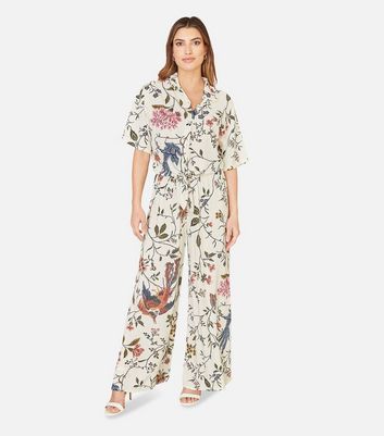 Yumi White Floral Crane Print Trousers New Look