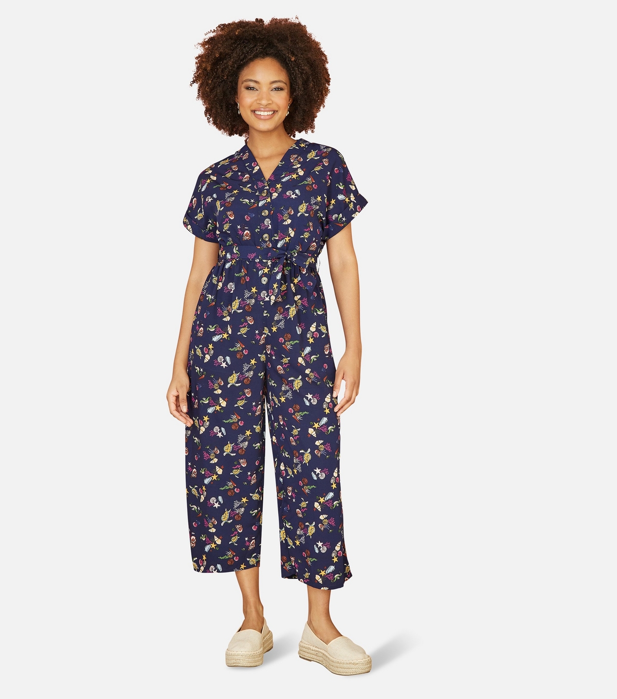 Women's Navy Sea Life Print Belted Jumpsuit Yumi New Look