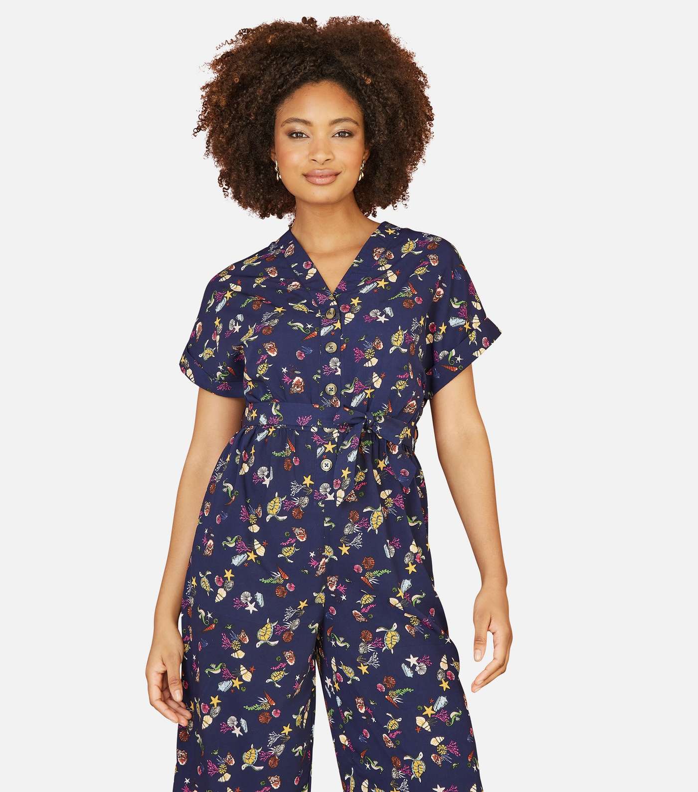 Yumi Navy Sea Life Print Belted Jumpsuit Image 2