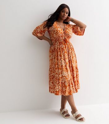 Blue Vanilla Curves Bright Orange Floral Shirred Midi Dress New Look