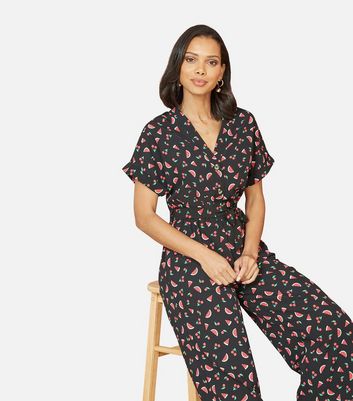 Yumi Black Watermelon Cherry Print Belted Jumpsuit New Look