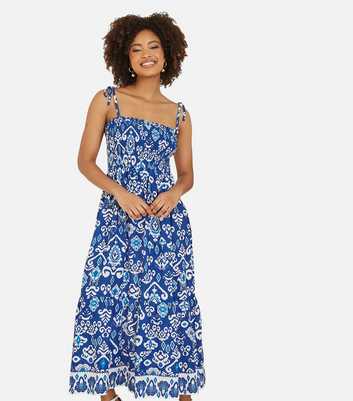 Yumi Blue Abstract Print Shirred Midi Dress