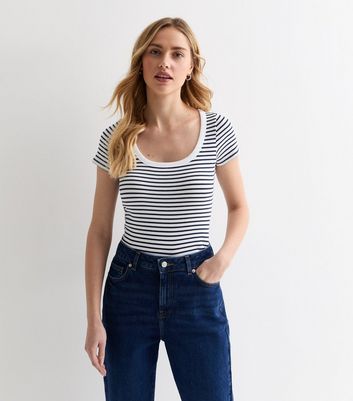White Stripe Ribbed Scoop Neck T-Shirt New Look