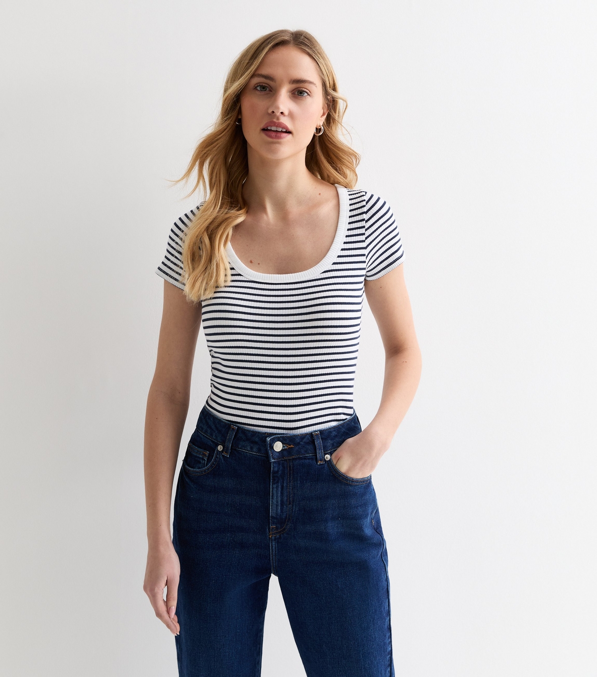 Women's White Stripe Ribbed Scoop Neck T-Shirt New Look