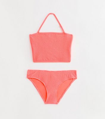 Girls Neon Coral Textured Bandeau Bikini Set New Look