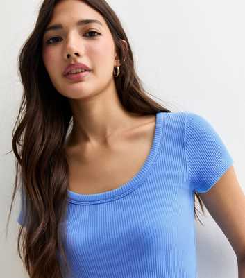 Blue Ribbed Scoop-Neck T-Shirt
