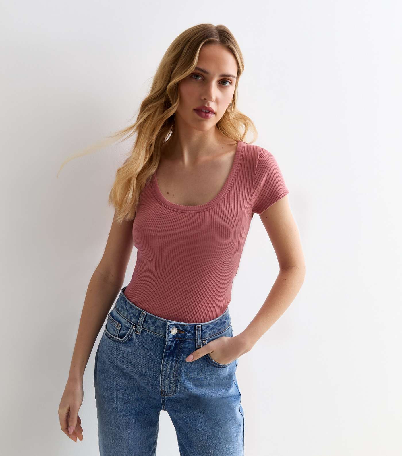 Pink Ribbed Scoop Neck T-Shirt