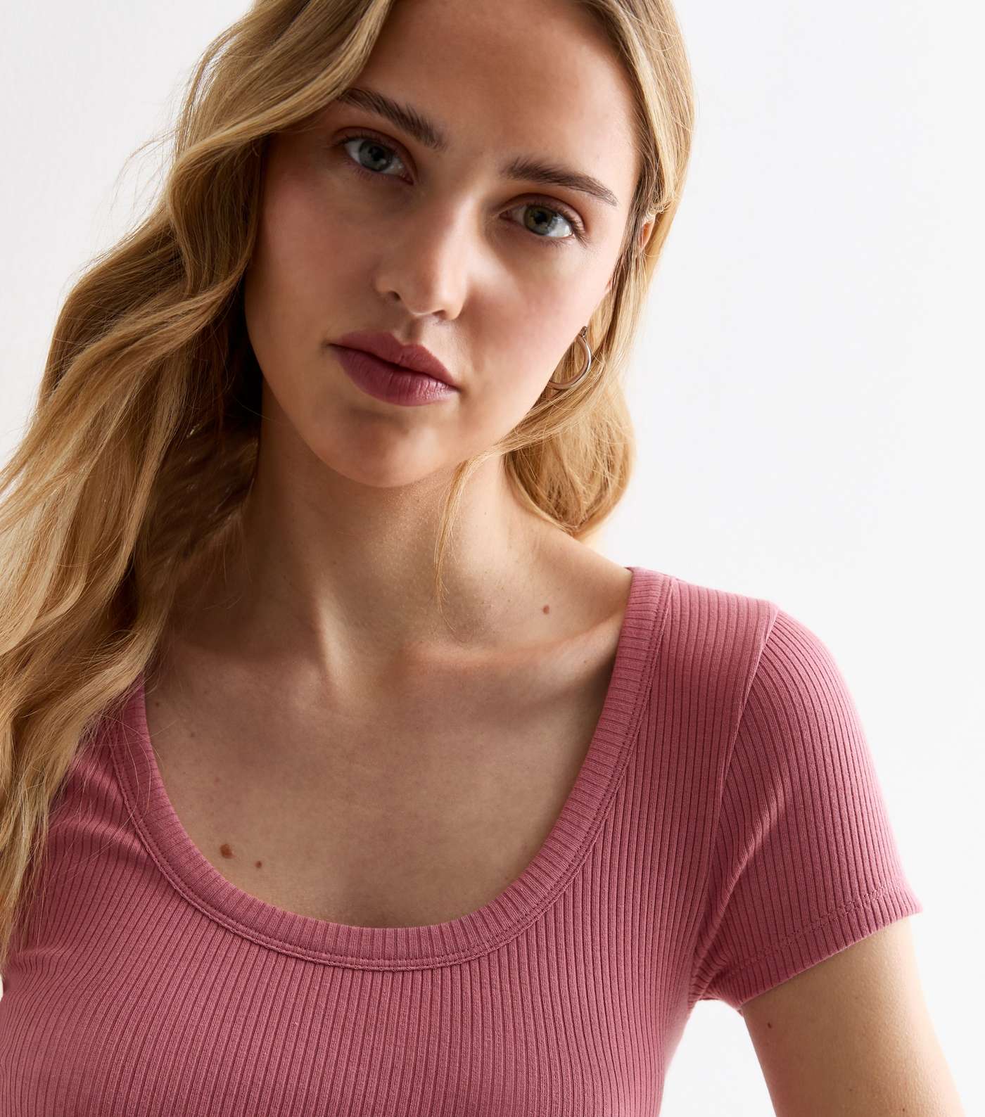 Pink Ribbed Scoop Neck T-Shirt Image 3