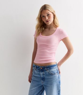 Pale Pink Ribbed Scoop-Neck T-Shirt | New Look