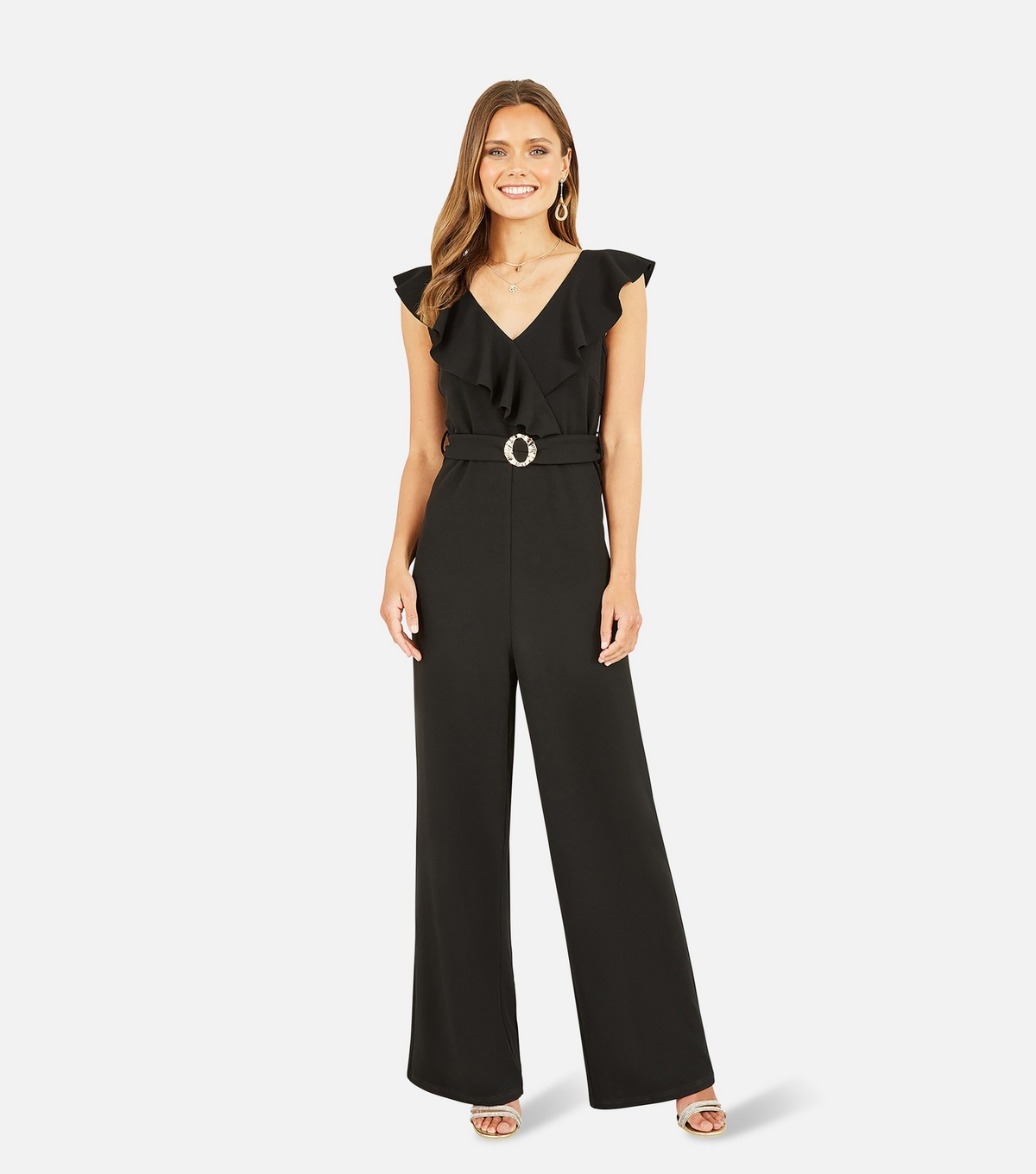 Women's Black Frill Sleeveless Belted Jumpsuit Mela New Look