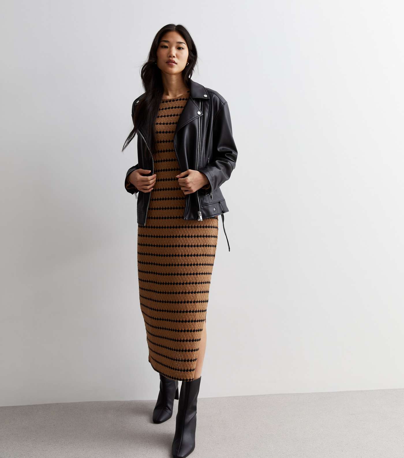 Light Brown Stripe Knit Midi Dress Image 3