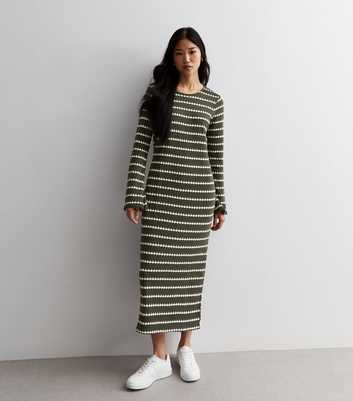 Khaki Stripe Knit Midi Dress