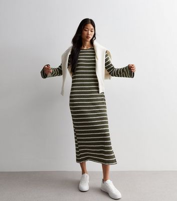 Khaki Stripe Knit Midi Dress New Look