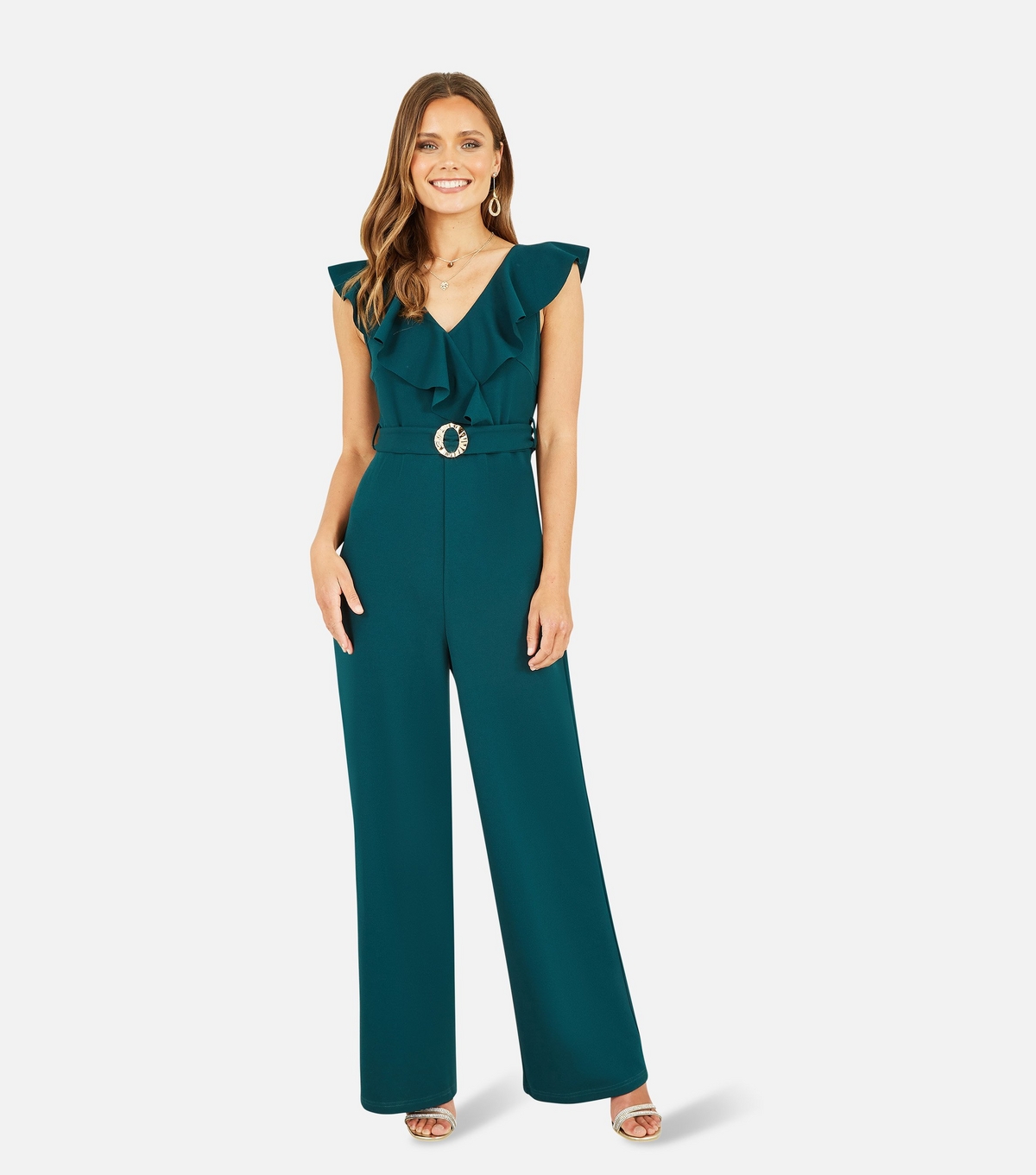 Women's Green Frill Sleeveless Belted Jumpsuit Mela New Look