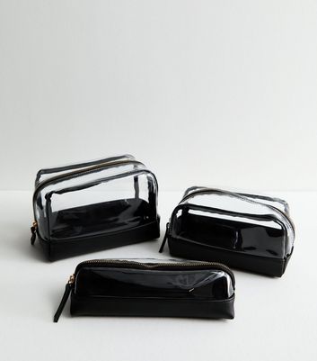 3 Pack Black Cosmetic Bags with Carry Case New Look