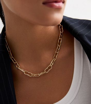 Gold Irregular Rectangle Link Chain Necklace New Look