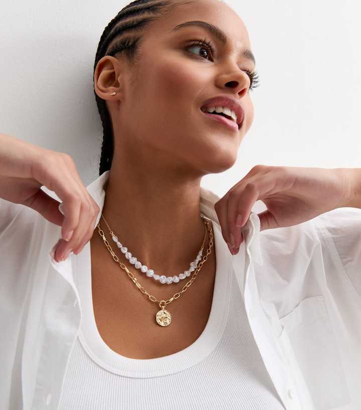 Gold Irregular Faux Pearl and Disc Necklace