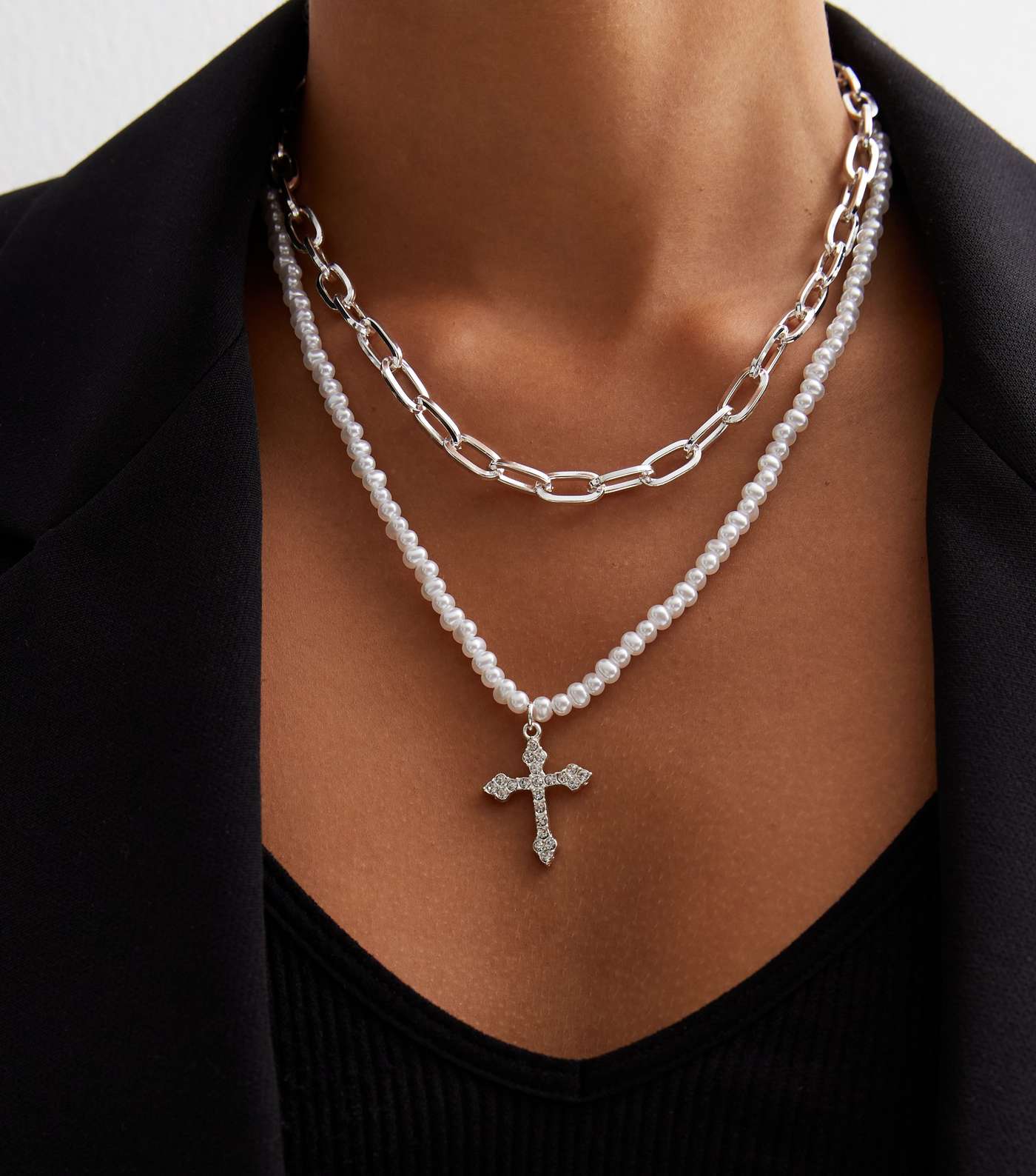 Silver Layered Faux Pearl Cross Pendant Necklace Image 2