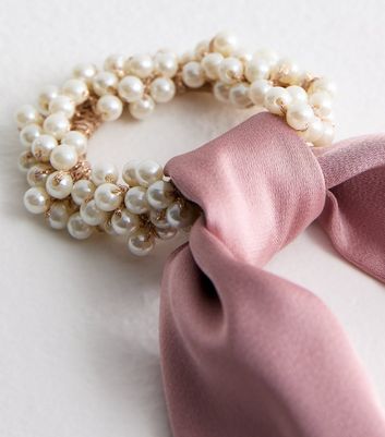 Pink Satin Bow and Faux Pearl Scrunchie New Look
