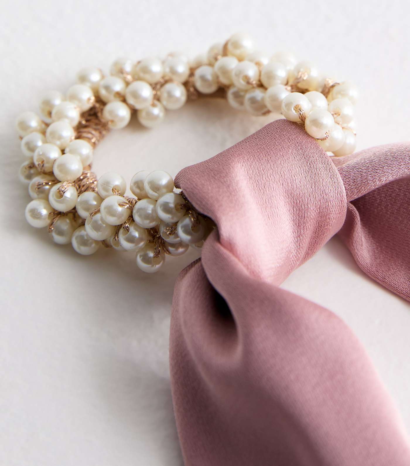Pink Satin Bow and Faux Pearl Scrunchie  Image 3