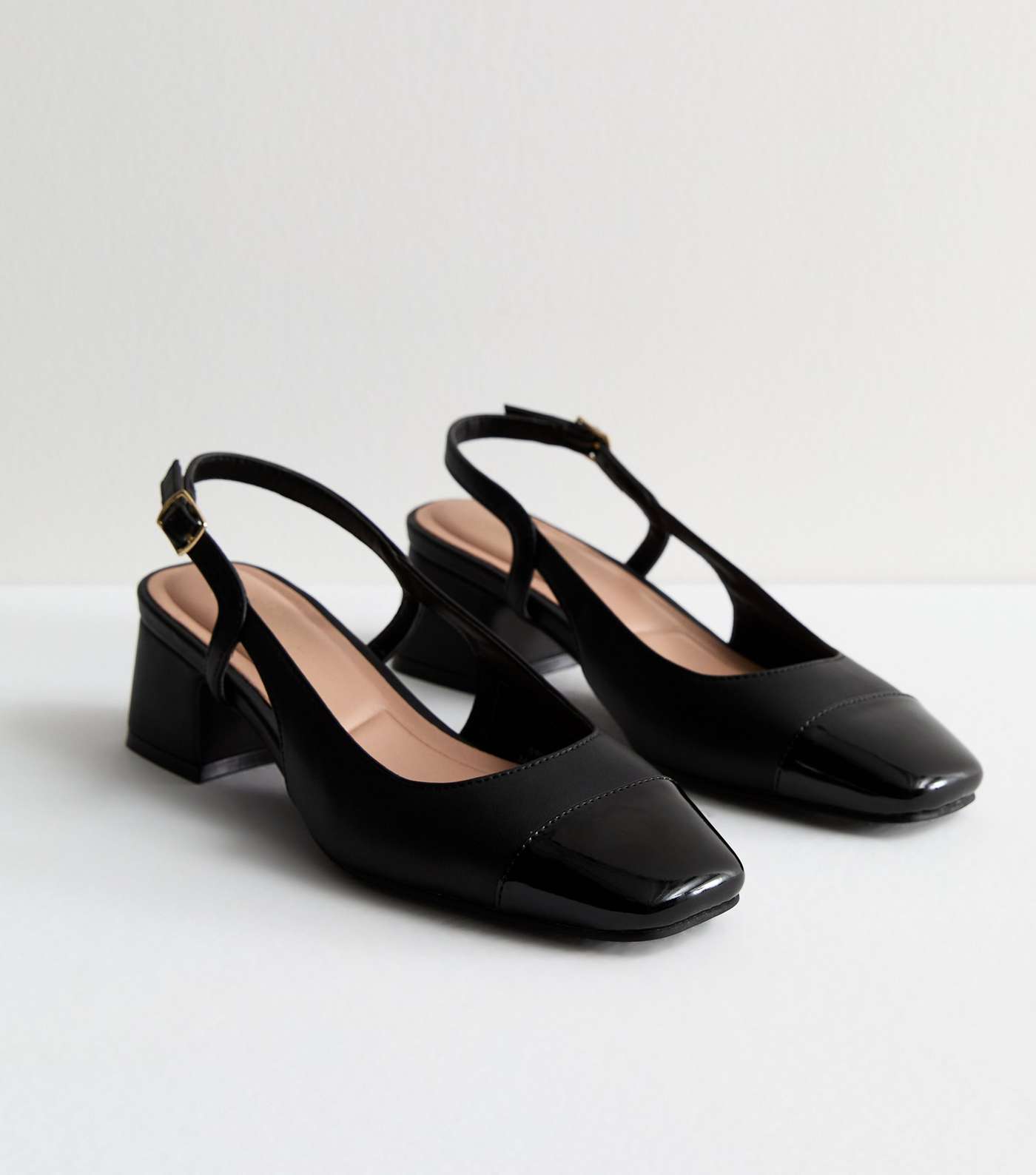 Black Leather-Look Slingback Block Heel Court Shoes Image 3