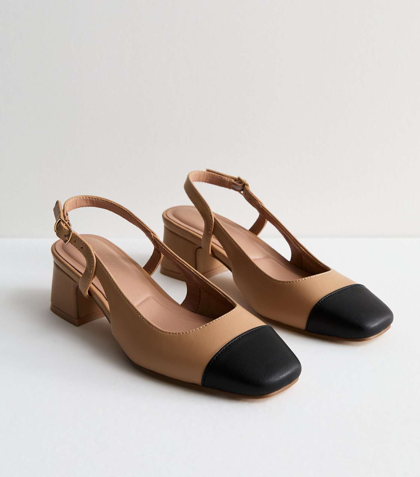 Camel Leather-Look Slingback Block Heel Court Shoes Image 3