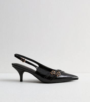 Black Patent Pointed Slingback Kitten Heel Court Shoes New Look