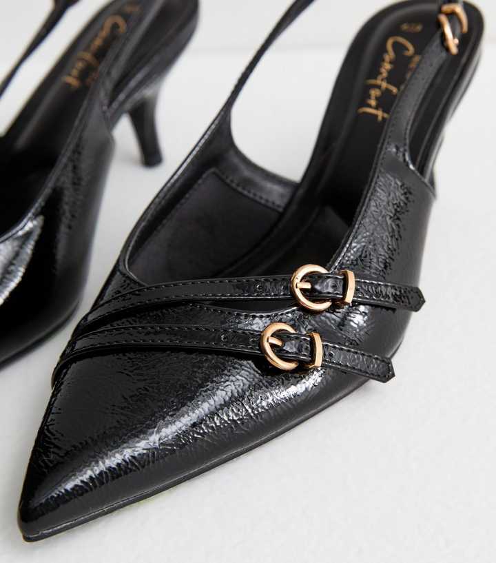 Black Patent Pointed Slingback Kitten Heel Court Shoes