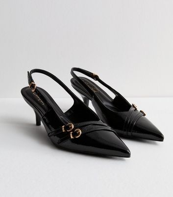 Black Patent Pointed Slingback Kitten Heel Court Shoes New Look