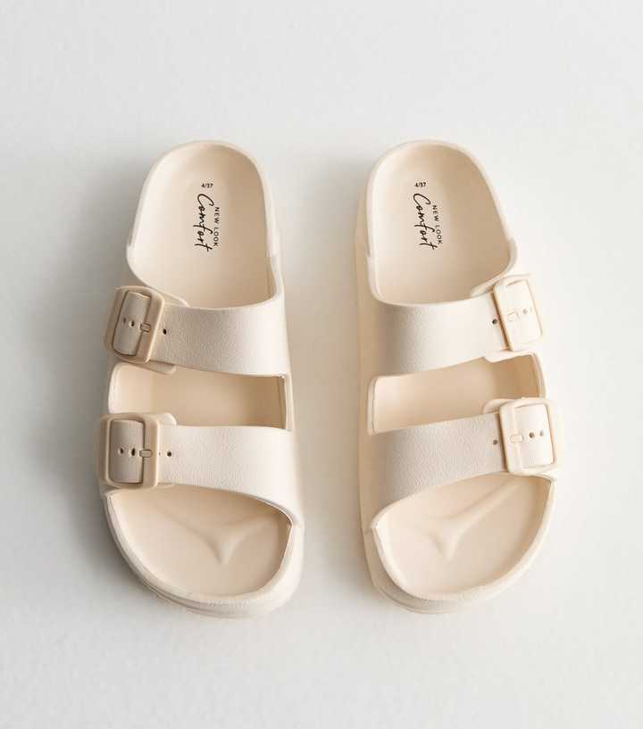 Cream Double Buckle Strap Sliders 